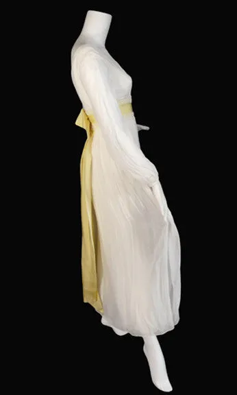 1960's White Silk Chiffon Vintage Dress with Palazzo Pants Underneath