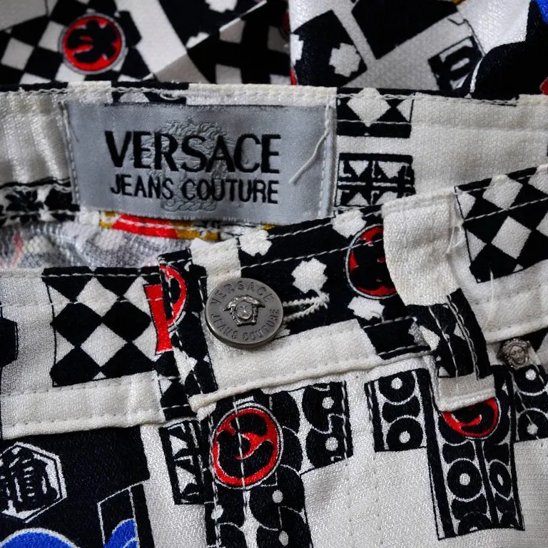 1990s Versace Jeans Couture Rayon Kimono Novelty Print High Waist Pants