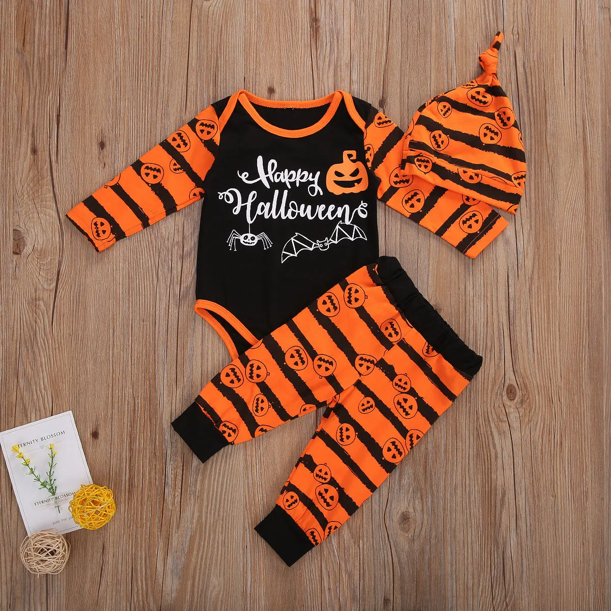 3PCS Newborn Halloween Outfits Long Sleeve Romper with Pants & Hat Hairband