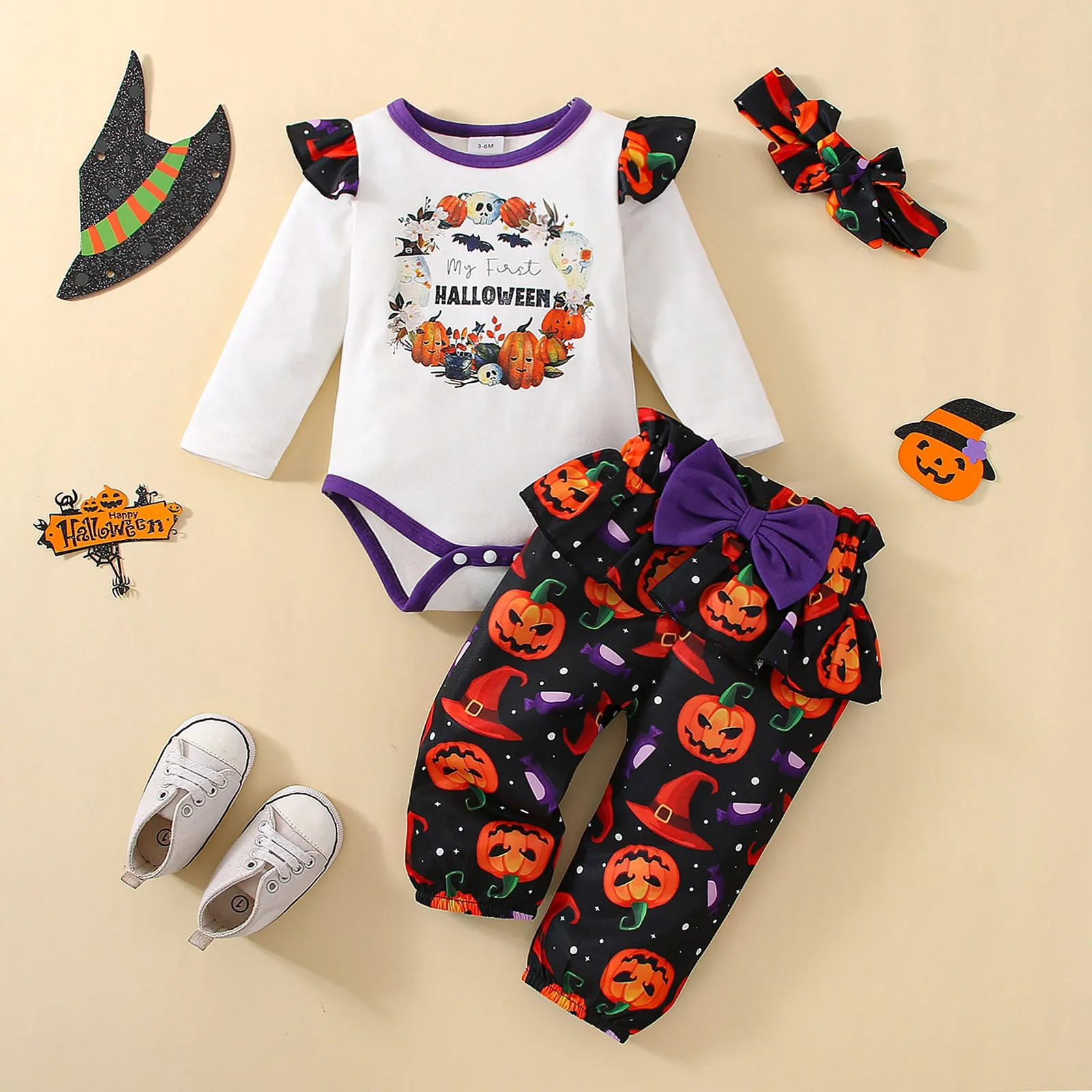 3PCS Newborn Halloween Outfits Long Sleeve Romper with Pants & Hat Hairband