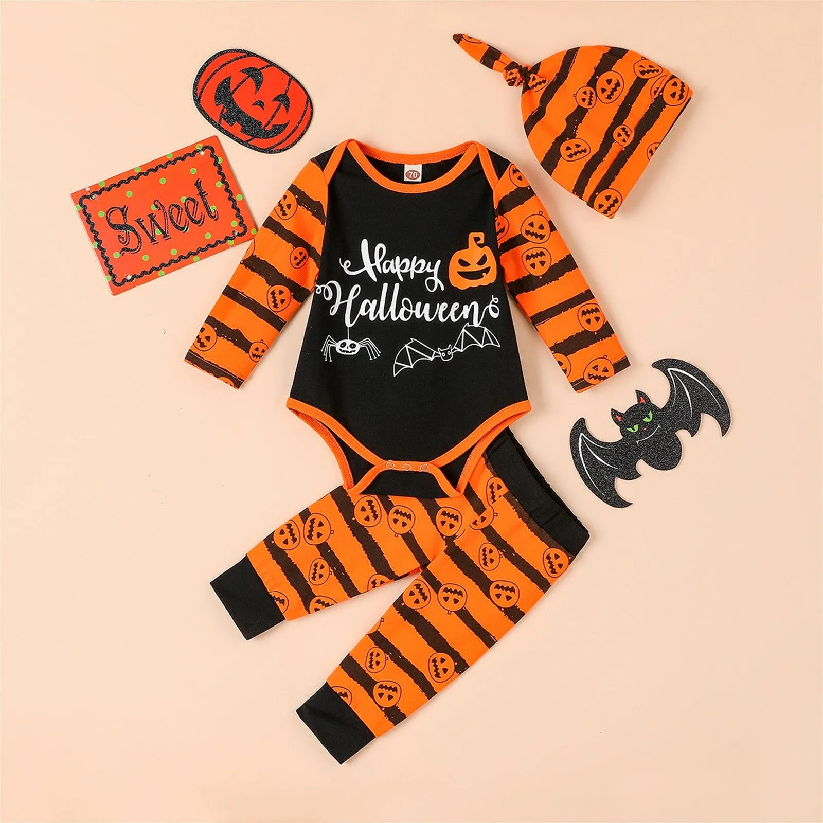 3PCS Newborn Halloween Outfits Long Sleeve Romper with Pants & Hat Hairband