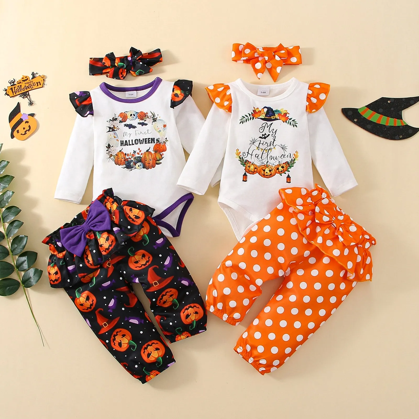 3PCS Newborn Halloween Outfits Long Sleeve Romper with Pants & Hat Hairband