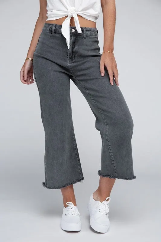 Acid Washed High Waist Frayed Hem Straight Pants