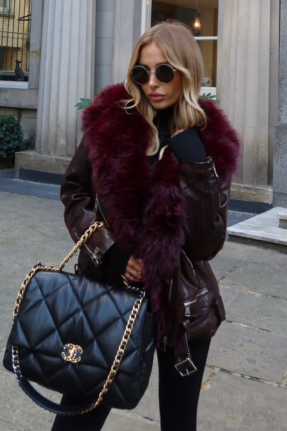 Alexis burgundy faux fur and PU leather jacket