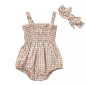 Ally Romper - Gingham print with matching headband