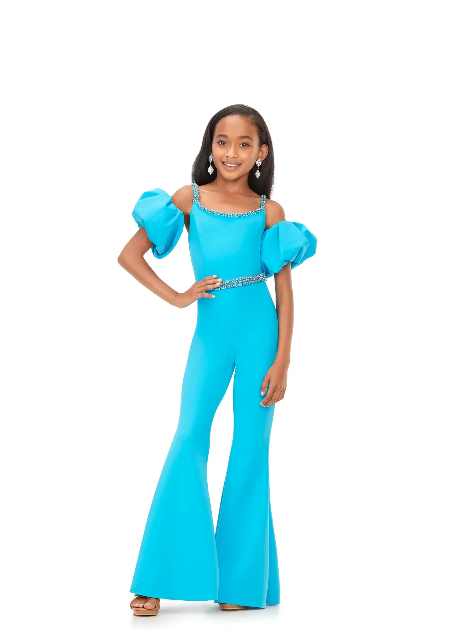 Ashley Lauren Kids 8164 Girls jUMPSUIT Off the Shoulder Scuba Puff Sleeves