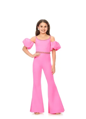 Ashley Lauren Kids 8164 Girls jUMPSUIT Off the Shoulder Scuba Puff Sleeves