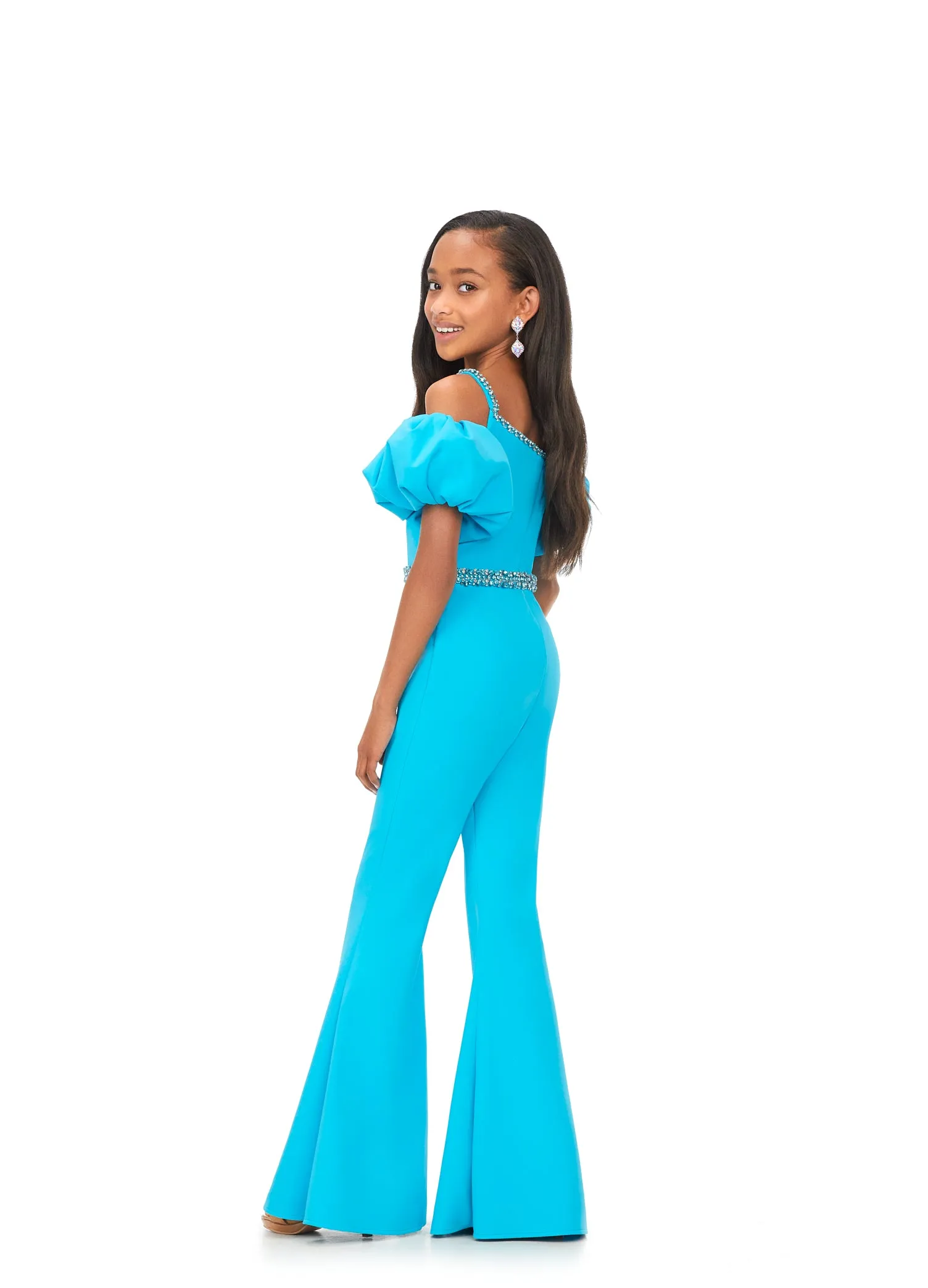 Ashley Lauren Kids 8164 Girls jUMPSUIT Off the Shoulder Scuba Puff Sleeves