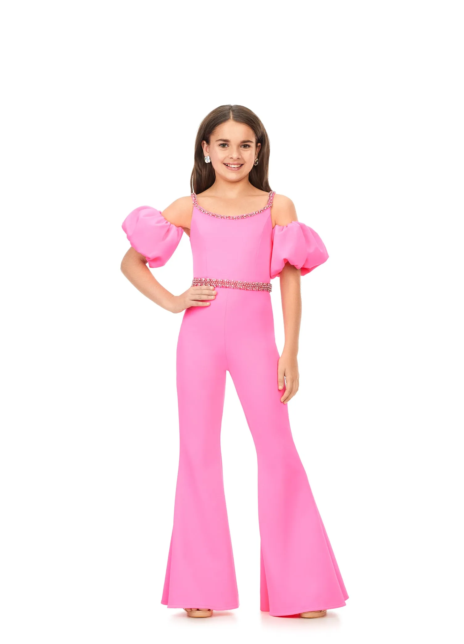 Ashley Lauren Kids 8164 Girls jUMPSUIT Off the Shoulder Scuba Puff Sleeves