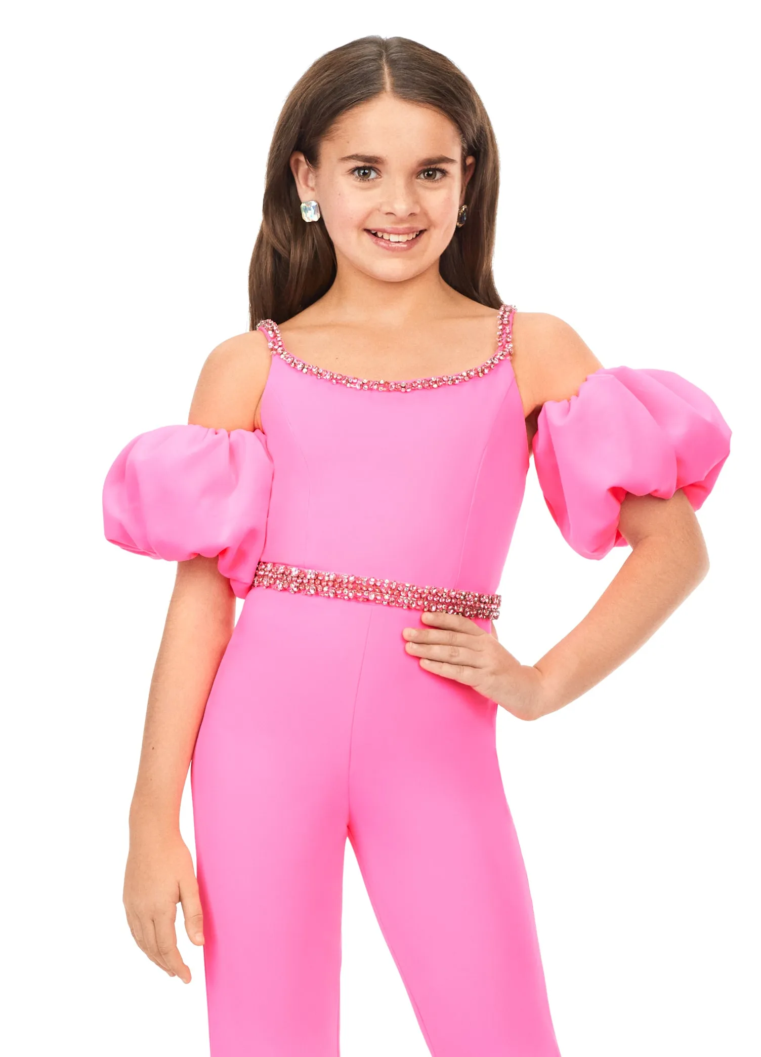 Ashley Lauren Kids 8164 Girls jUMPSUIT Off the Shoulder Scuba Puff Sleeves