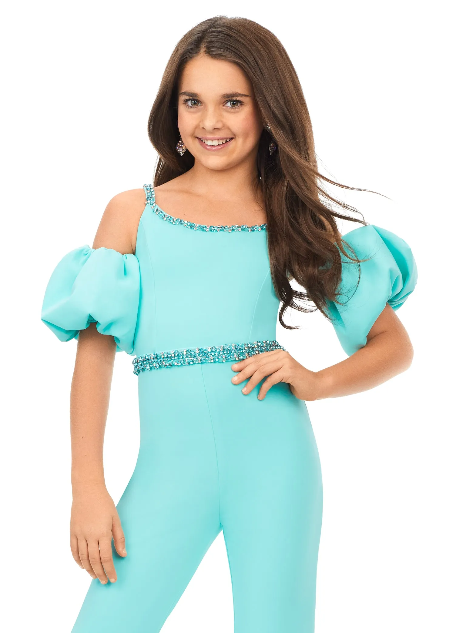 Ashley Lauren Kids 8164 Girls jUMPSUIT Off the Shoulder Scuba Puff Sleeves