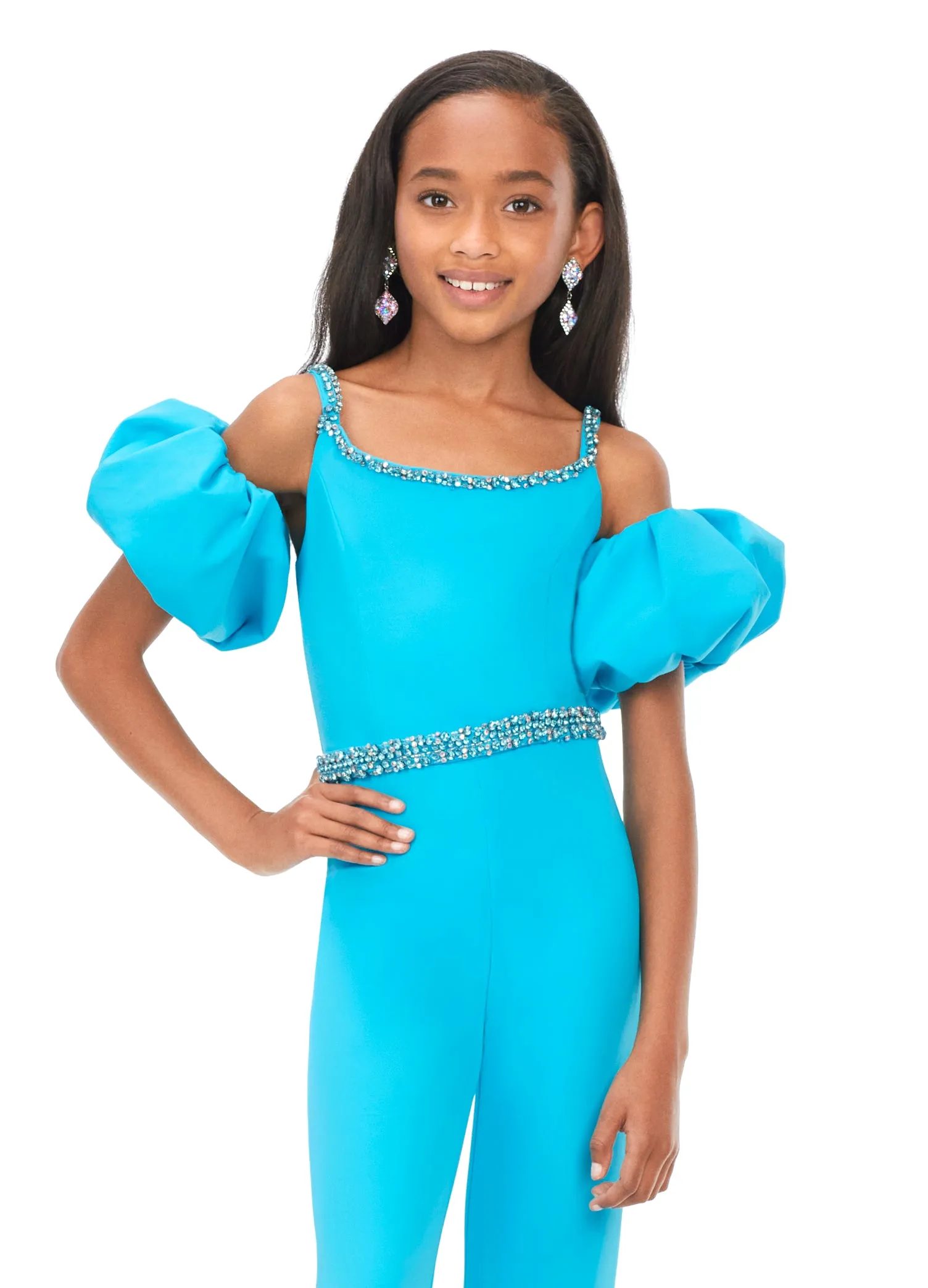 Ashley Lauren Kids 8164 Girls jUMPSUIT Off the Shoulder Scuba Puff Sleeves