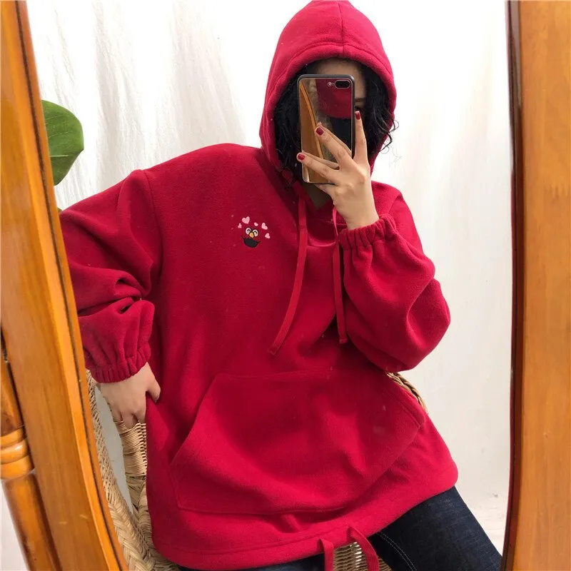 Autumn Cartoon Loose Women's Hoodies Oversize Sweatshirt Pockets Embroidered Sweatshirts Women  Winter Clothing