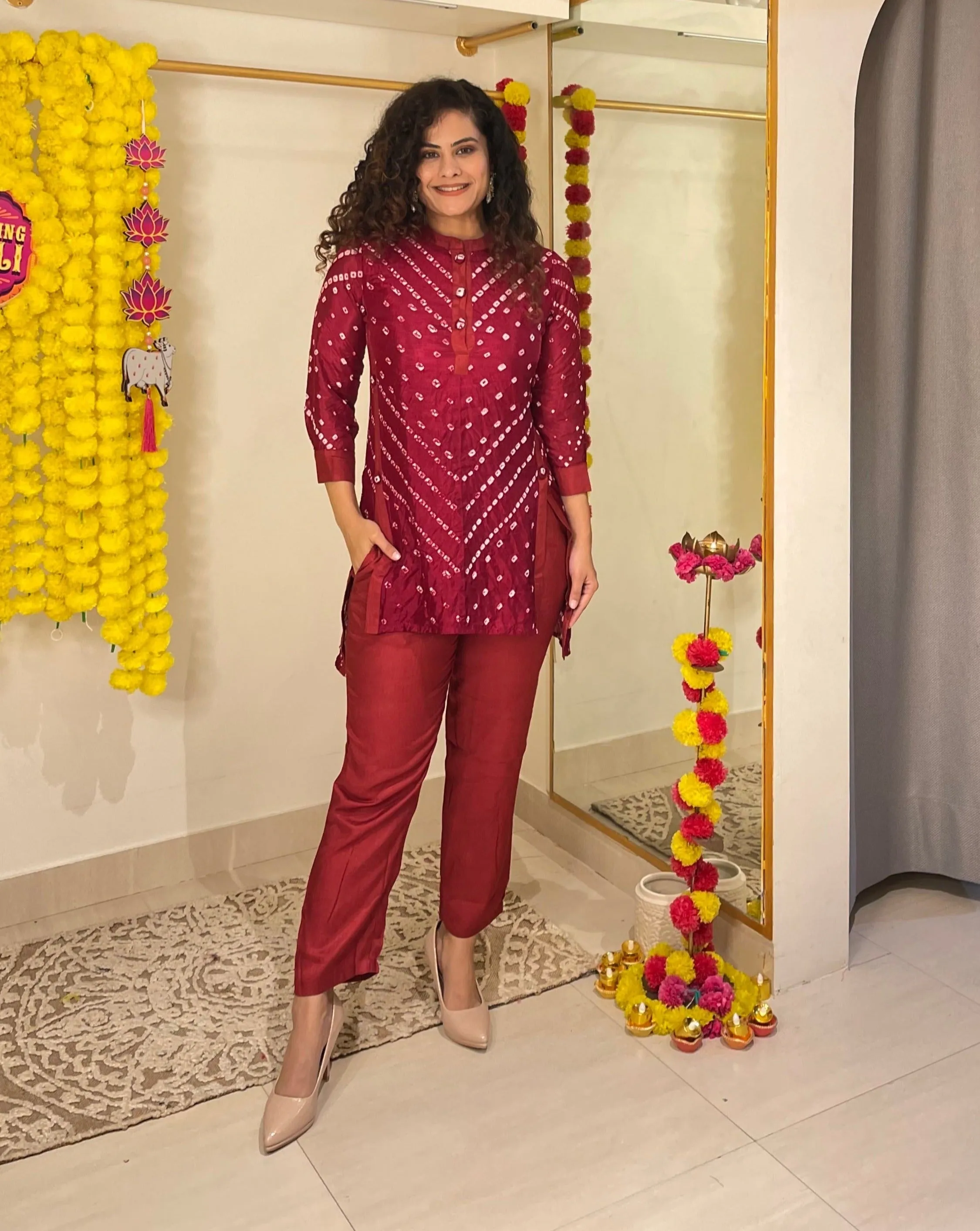 Bandhej On Maroon Festive Kurta Set