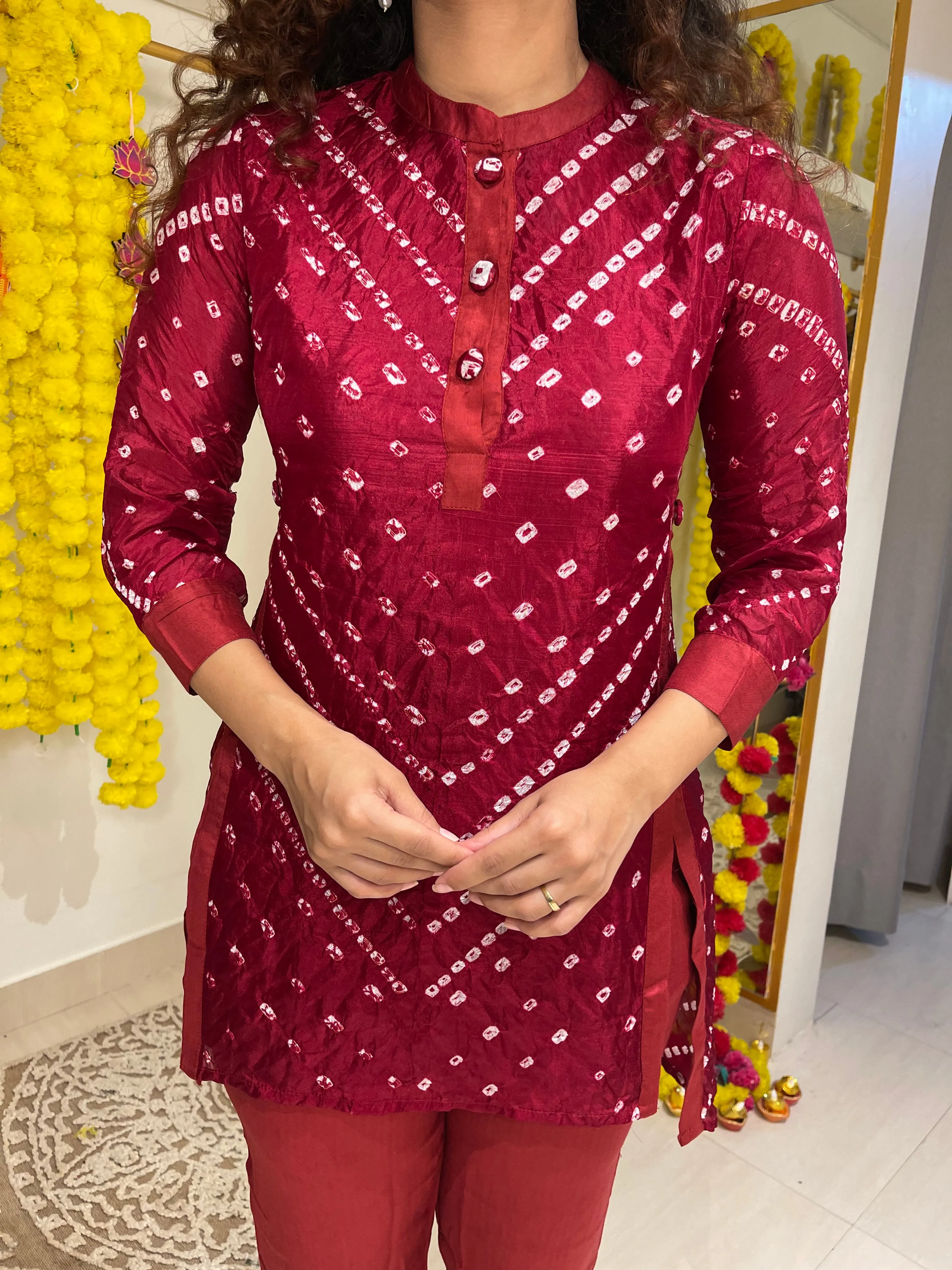 Bandhej On Maroon Festive Kurta Set