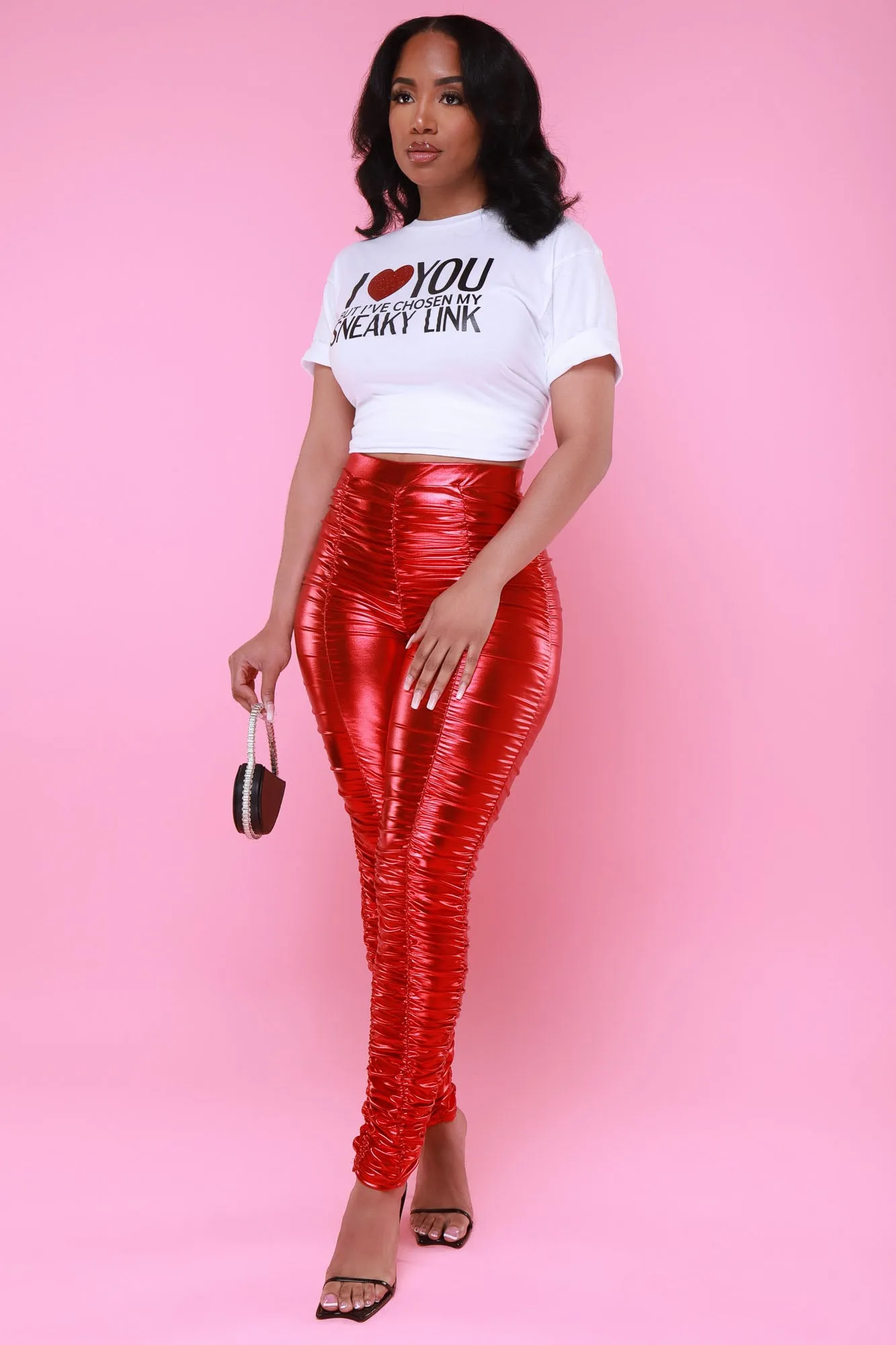 Be Honest Ruched High Waist Pants - Red Metallic Leggings