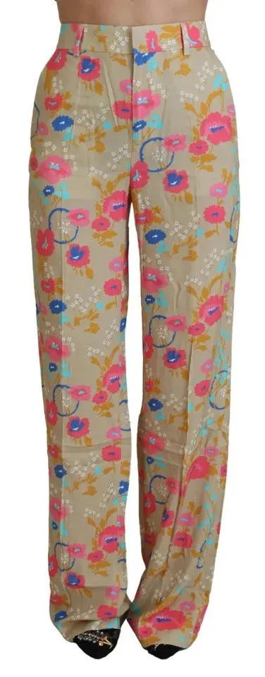 Beige Floral High Waist Straight Pants