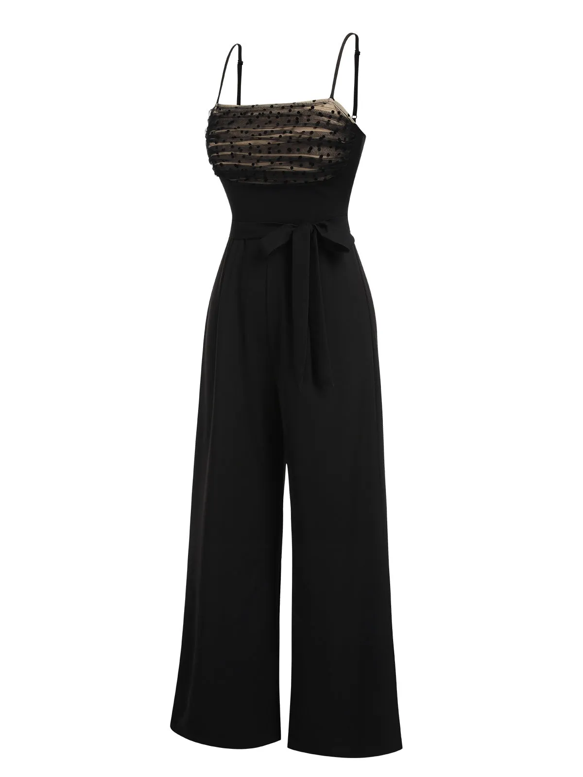 Black 1930s Polka Dots Mesh Spaghetti Straps Jumpsuit