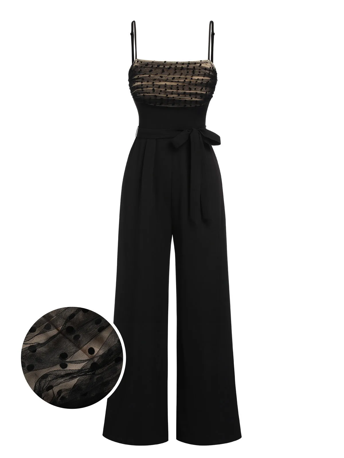 Black 1930s Polka Dots Mesh Spaghetti Straps Jumpsuit