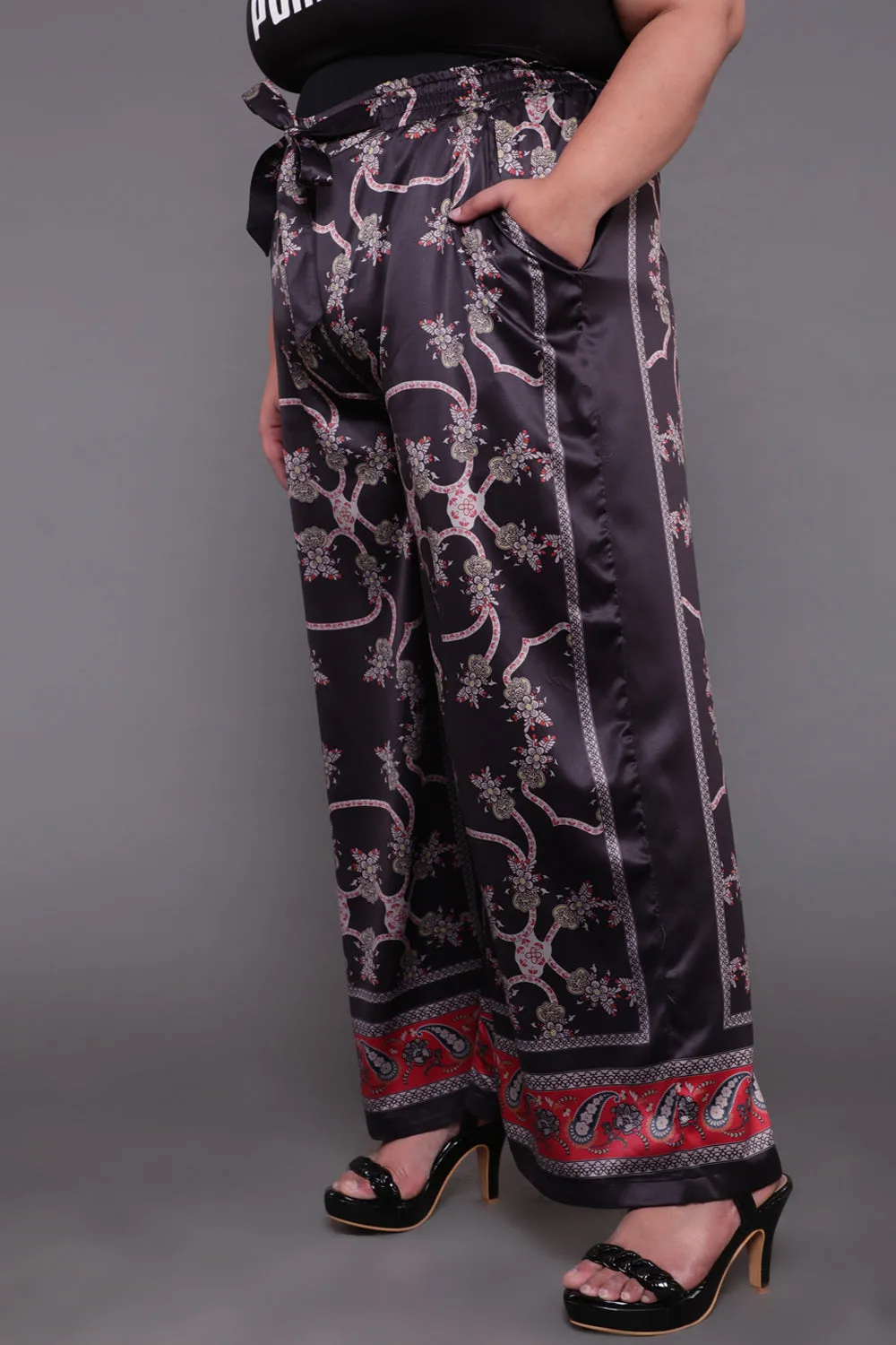 Black Baroque Border Print High Waist Satin Pants