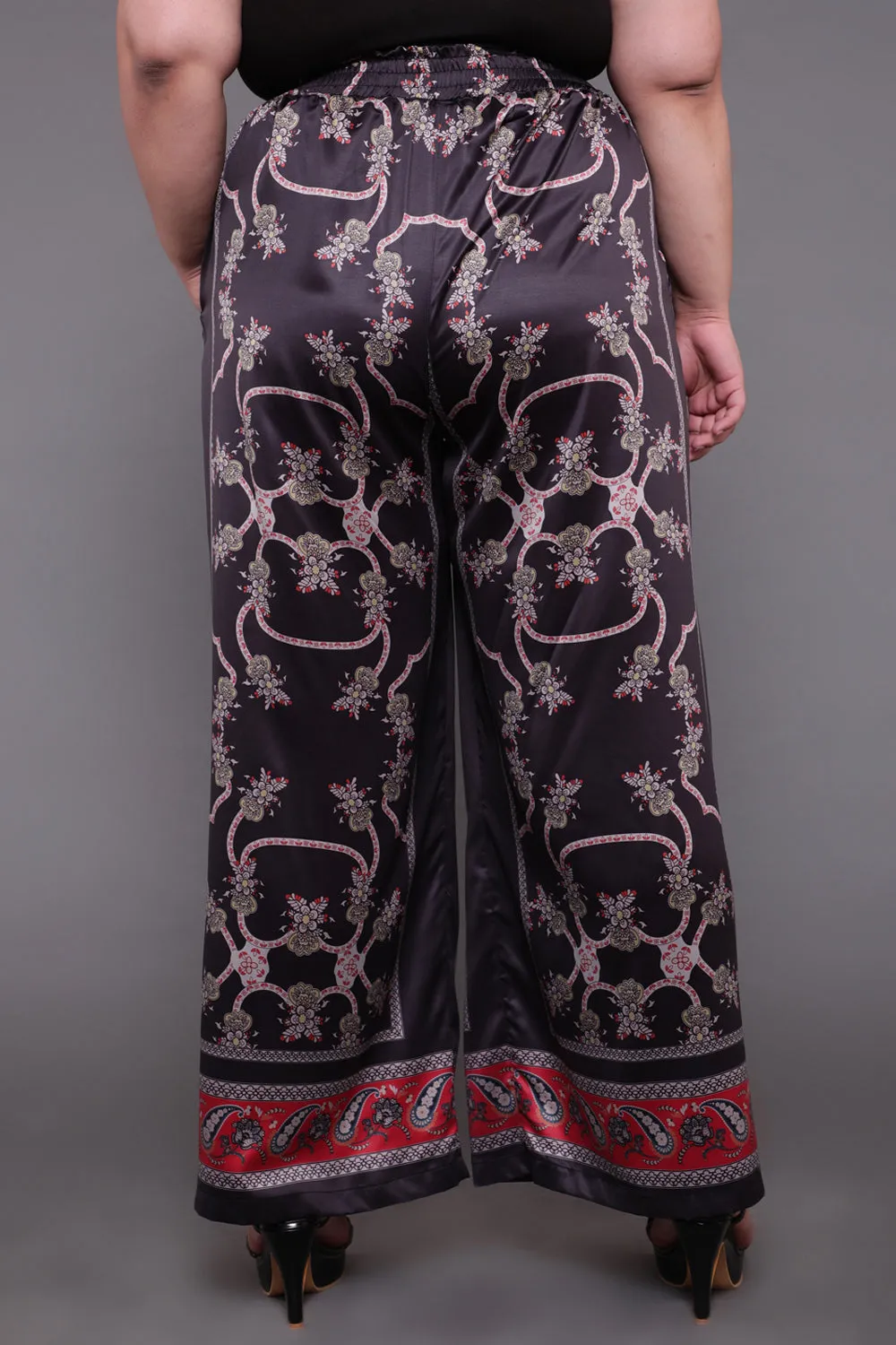 Black Baroque Border Print High Waist Satin Pants