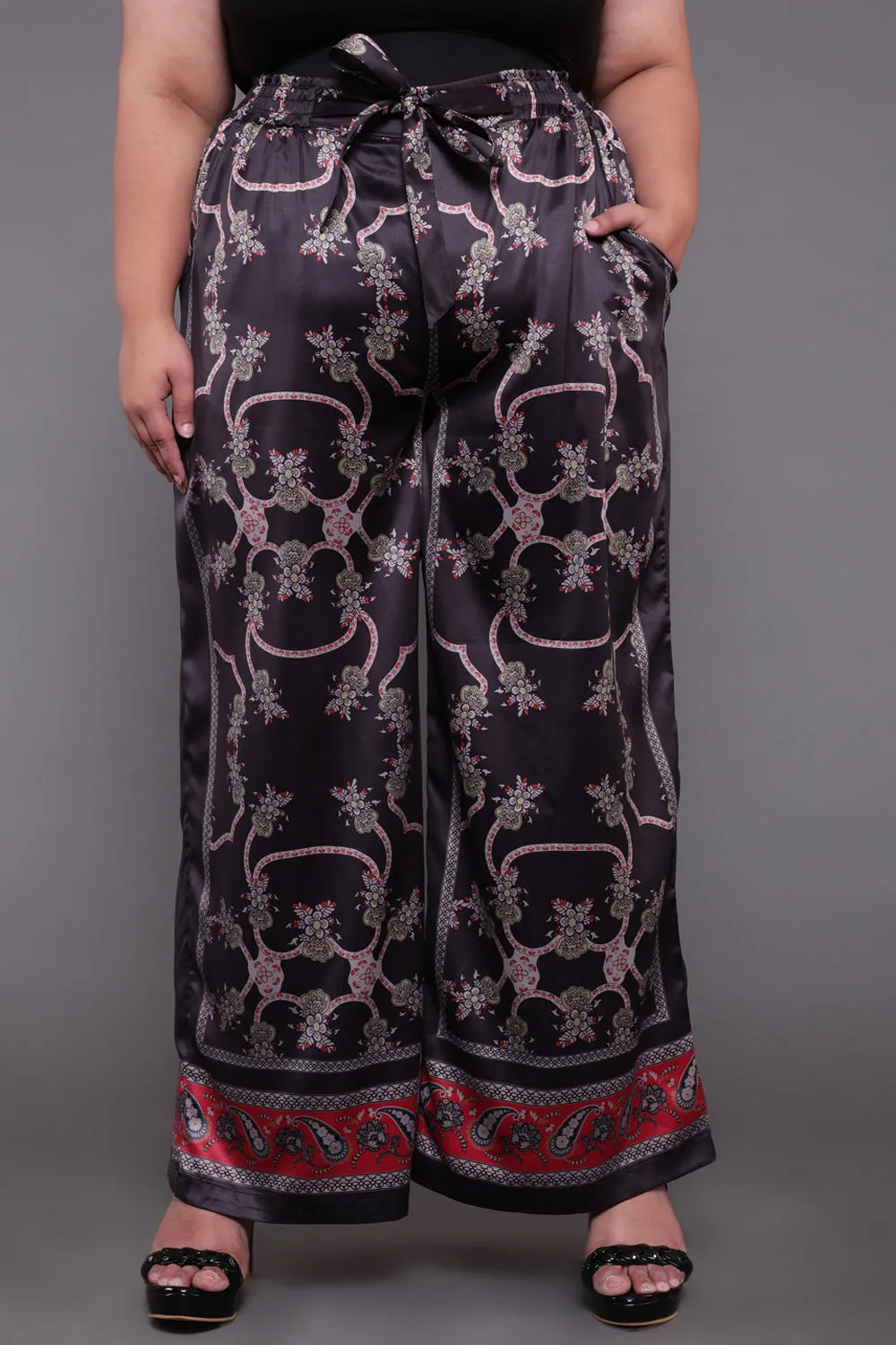 Black Baroque Border Print High Waist Satin Pants