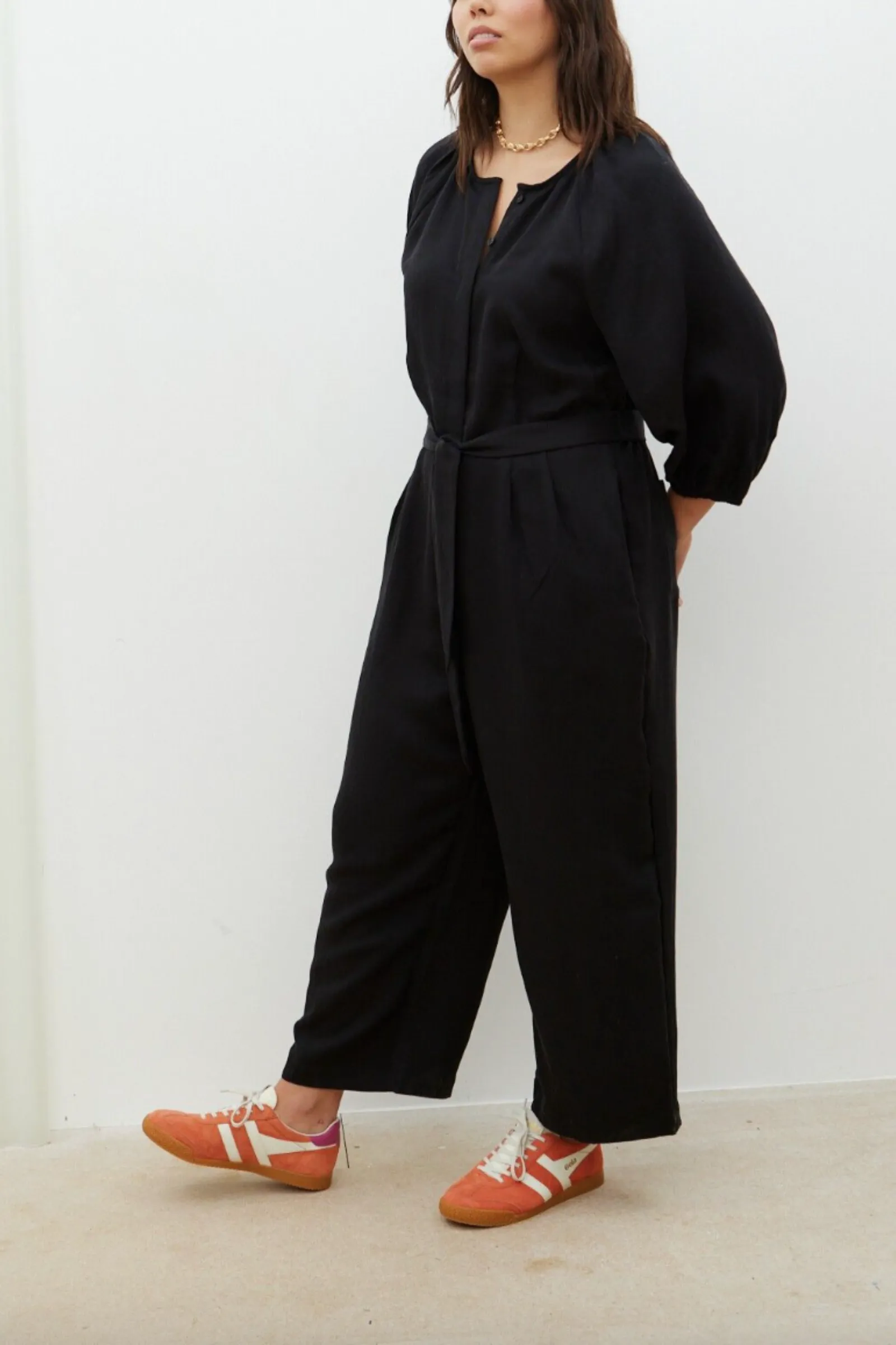 Black Collarless Wide Leg Jumpsuit