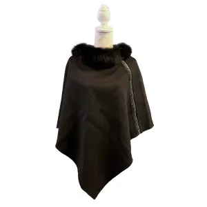 Black Crystal Zip Wool Poncho with Fox Fur Collar