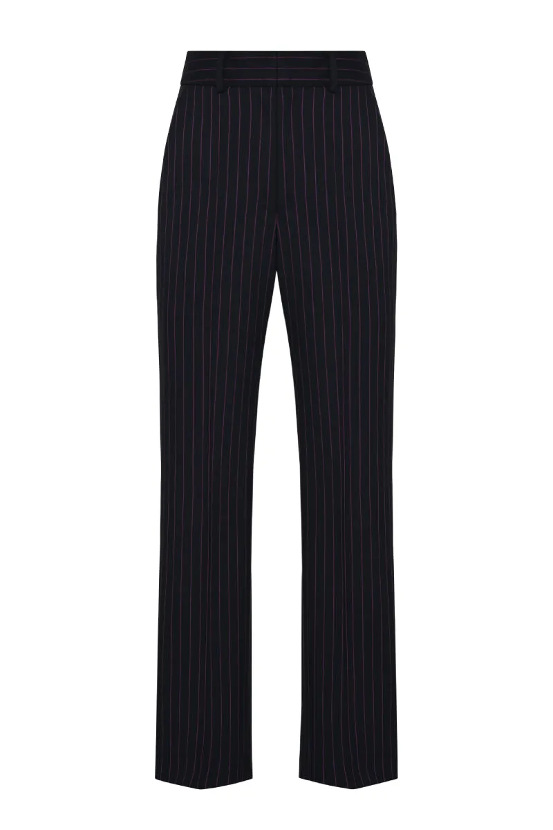 BLACK STRAIGHT LEG PINSTRIPE PANTS