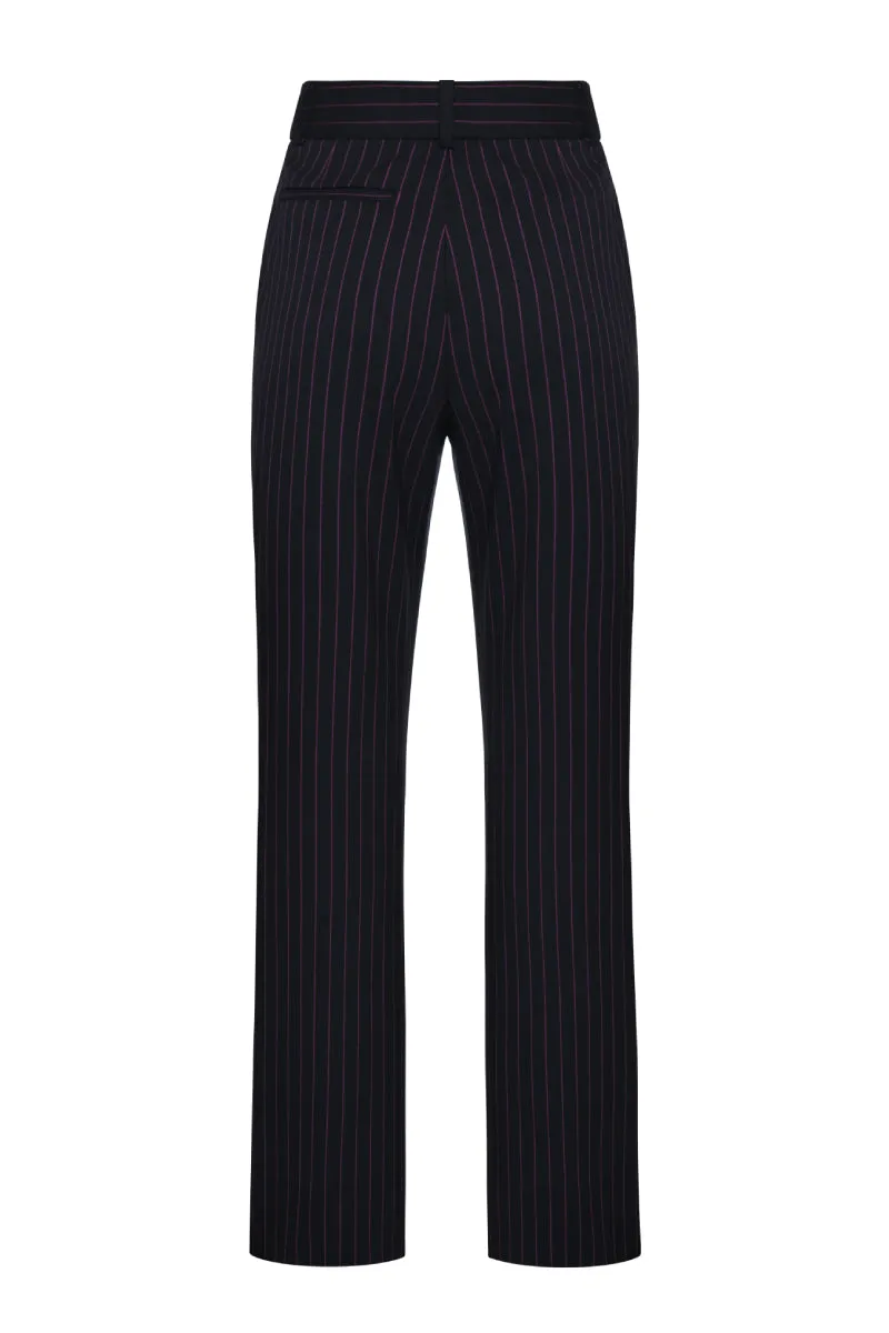 BLACK STRAIGHT LEG PINSTRIPE PANTS