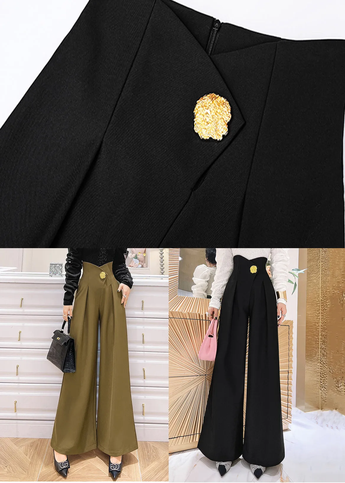 Black Wrinkled High Waist Patchwork Spandex Pants Pockets Fall LY9050