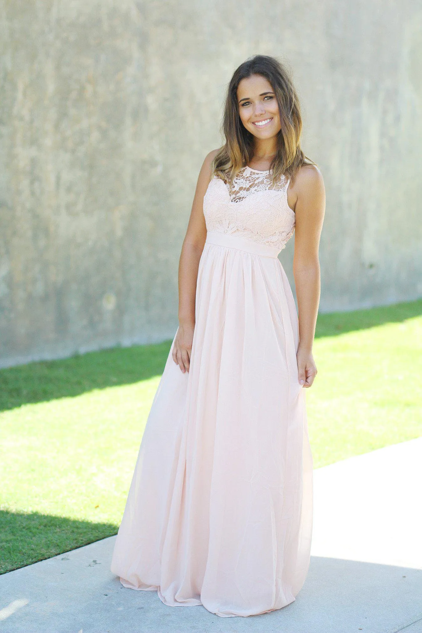 Blush Crochet Maxi Dress with Open Back