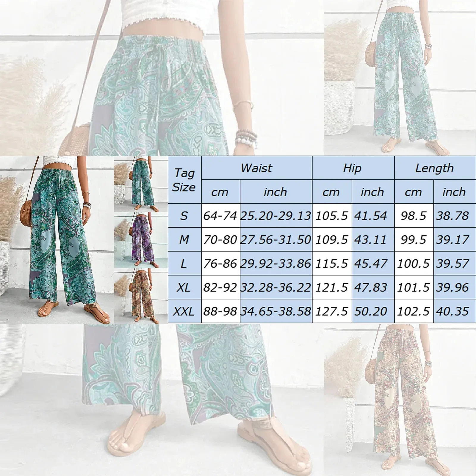 Bohemian Beach Spring Summer Vintage Drawstring High Waist Wide Baggy Boho Trousers Women's Pants