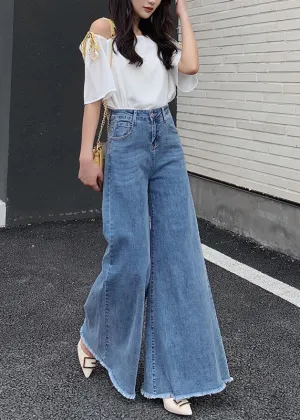 Bohemian Denim Blue High Waist Solid Color Pockets Cotton Wide Leg Pants Fall