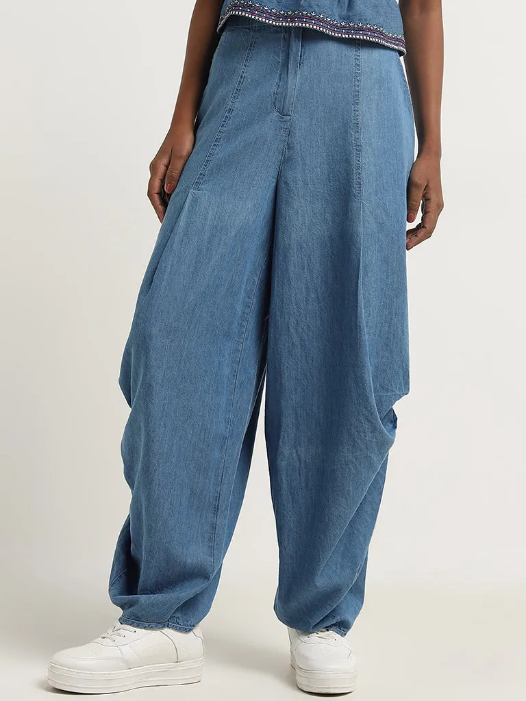 Bombay Paisley Blue Patiala-Style High-Rise Denim Pants