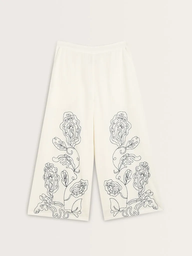 Bombay Paisley Ivory Embroidered High-Rise Pants