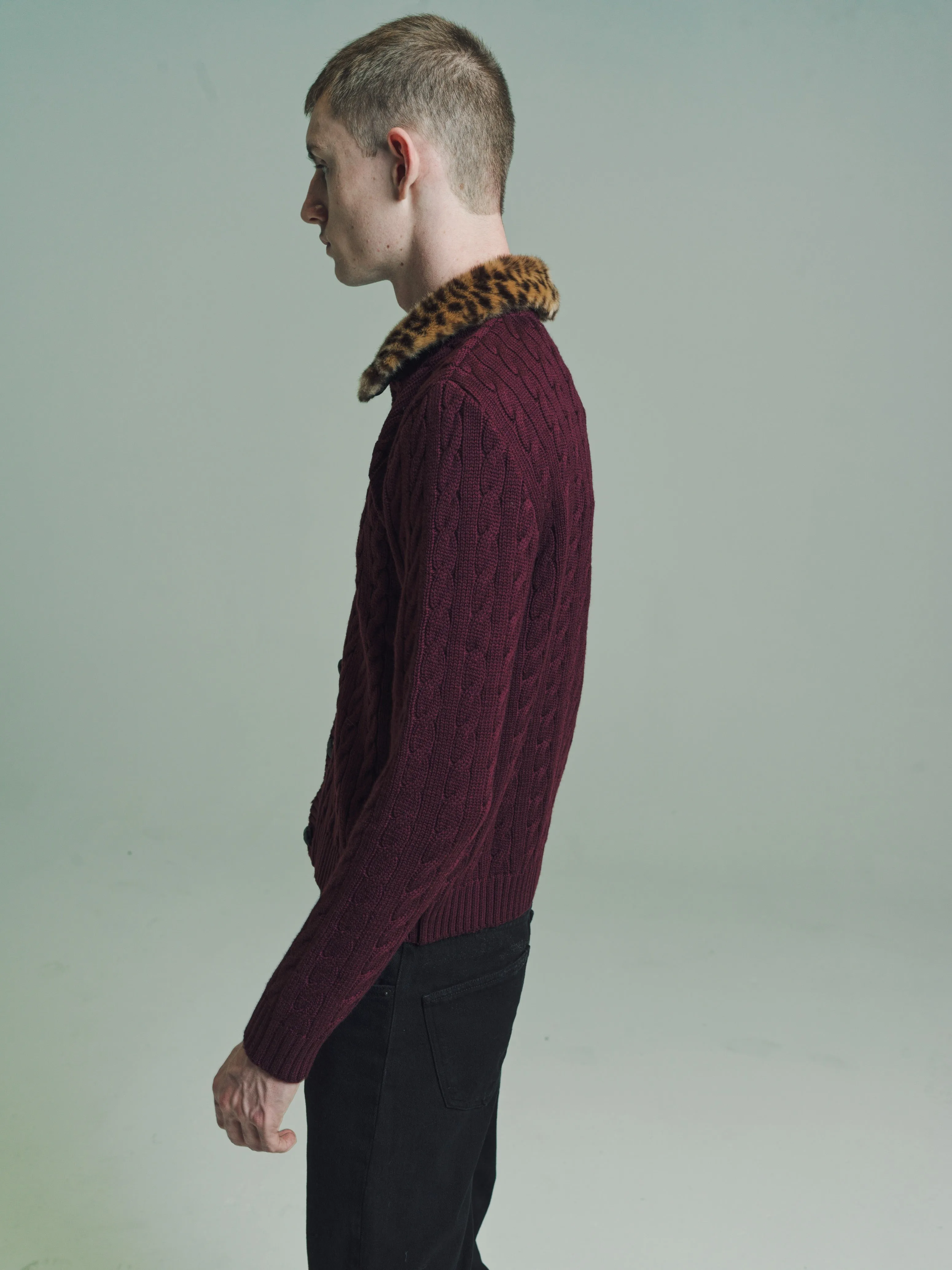 Bordeaux W/ Cheetah Collar Cable Knit Faux-Fur Collar Cardigan