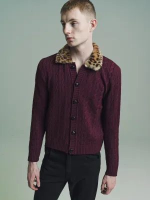 Bordeaux W/ Cheetah Collar Cable Knit Faux-Fur Collar Cardigan