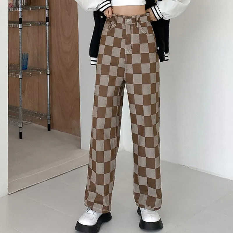 Brown Plaid 90S Aesthetic High Waist Pants