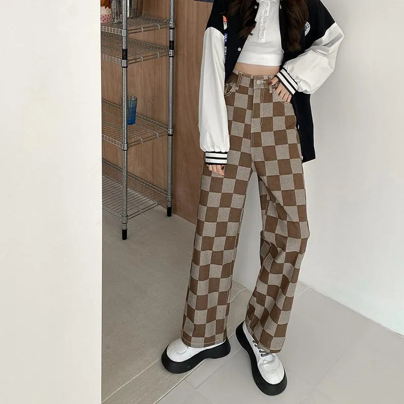 Brown Plaid 90S Aesthetic High Waist Pants