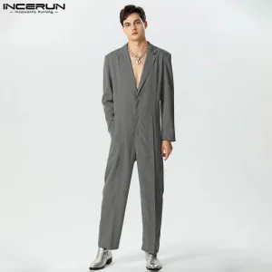 Casual Simple Style Bodysuits INCERUN Men's Deep V-neck Design Rompers Fashion Solid All-match Long Sleeved Jumpsuits S-5XL 2024