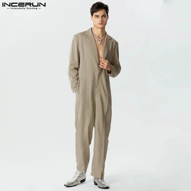 Casual Simple Style Bodysuits INCERUN Men's Deep V-neck Design Rompers Fashion Solid All-match Long Sleeved Jumpsuits S-5XL 2024