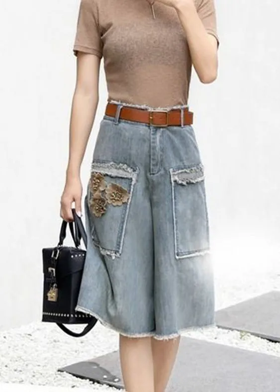 Chic Blue Floral High Waist Sashes Denim Crop Pants Summer LY5243