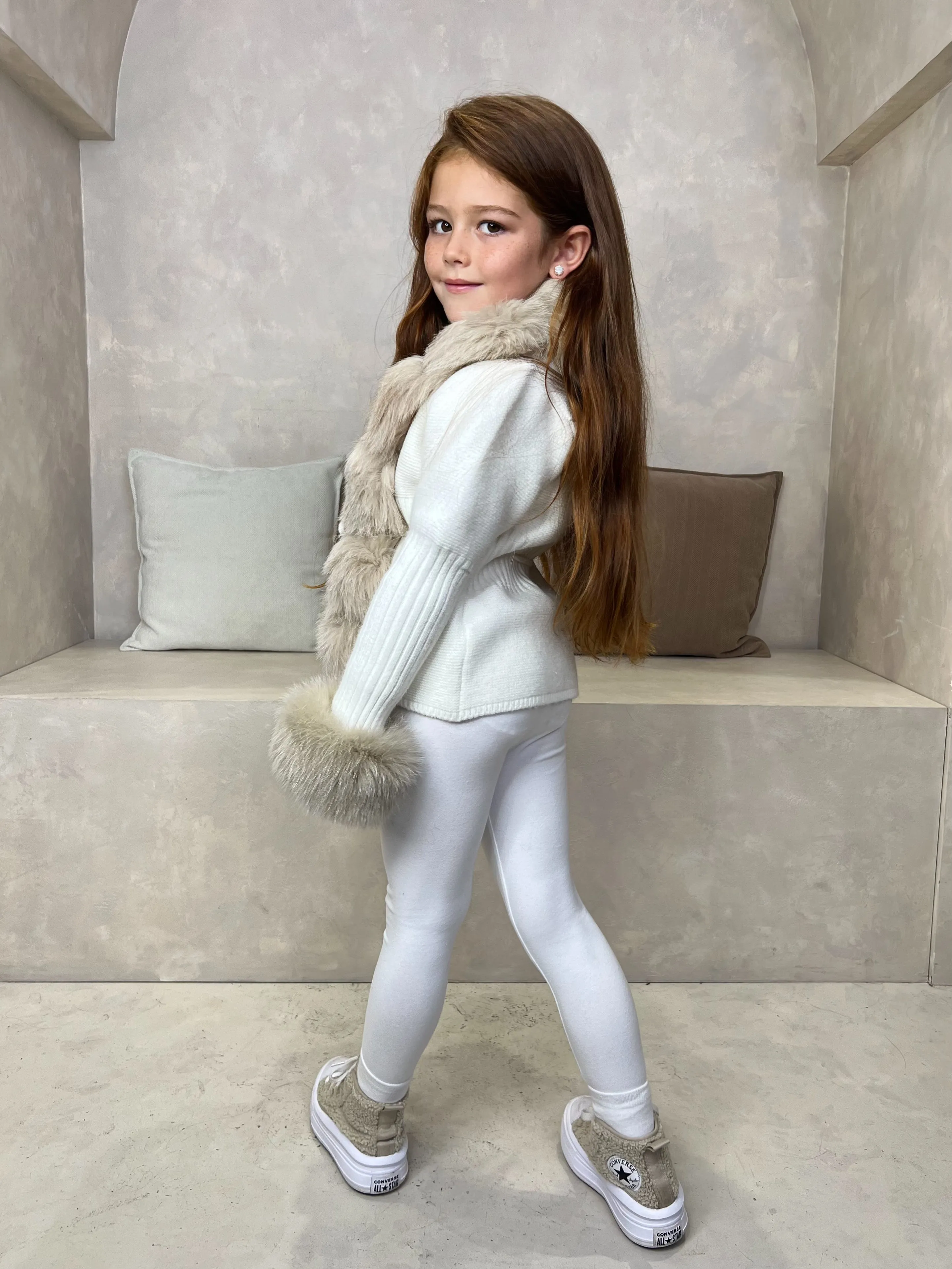 Childrens Cream/Beige Luxury Fur Cardigan