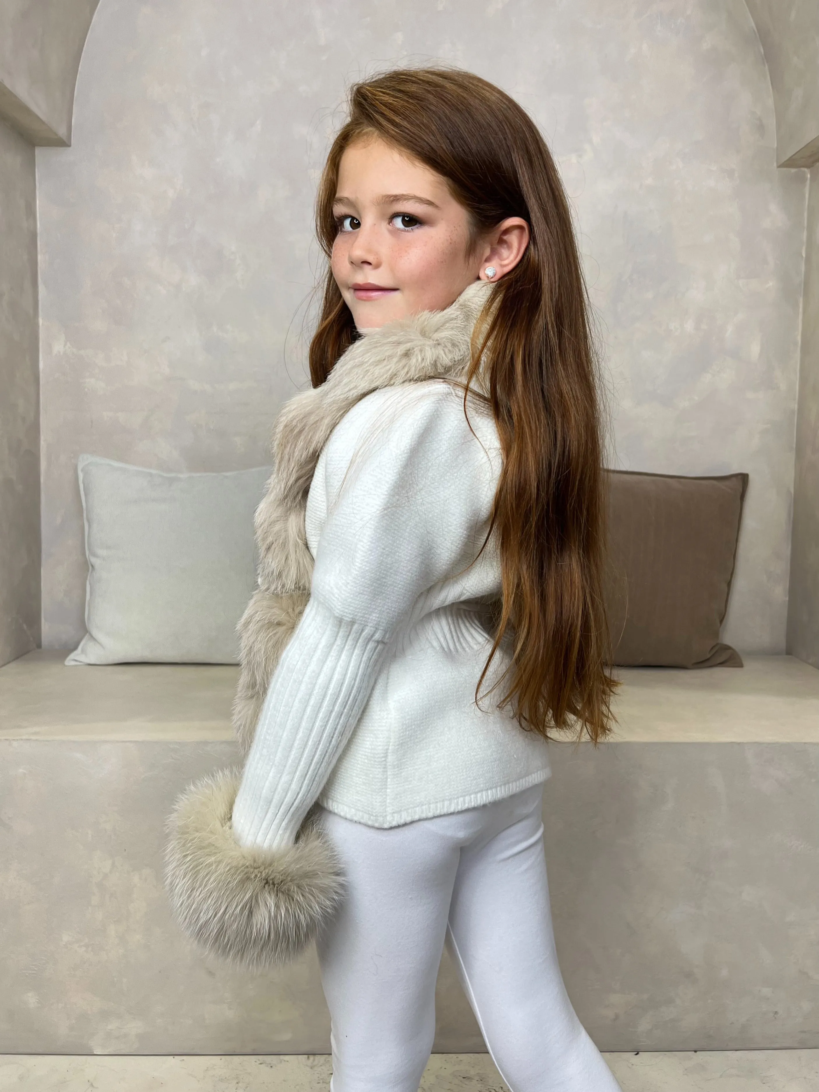 Childrens Cream/Beige Luxury Fur Cardigan