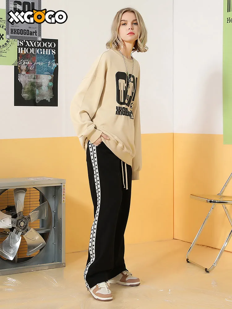 Color contrast patchwork braid with side stripes elastic drawstring casual pants