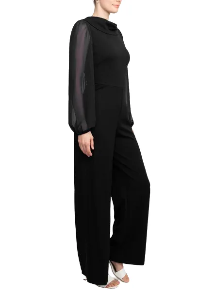 Connected Apparel Popover Neck Chiffon Long Sleeve Zipper Back Solid Jumpsuit