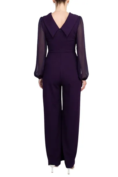 Connected Apparel Popover Neck Chiffon Long Sleeve Zipper Back Solid Jumpsuit