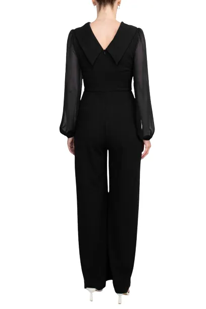 Connected Apparel Popover Neck Chiffon Long Sleeve Zipper Back Solid Jumpsuit