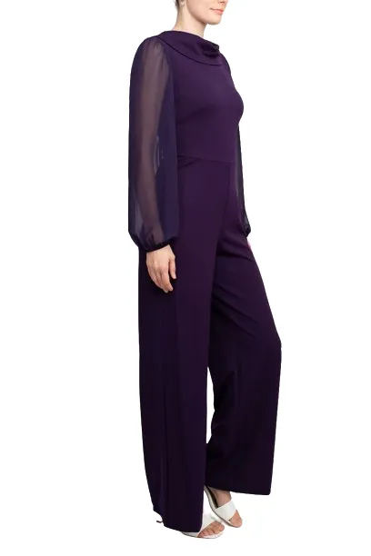 Connected Apparel Popover Neck Chiffon Long Sleeve Zipper Back Solid Jumpsuit